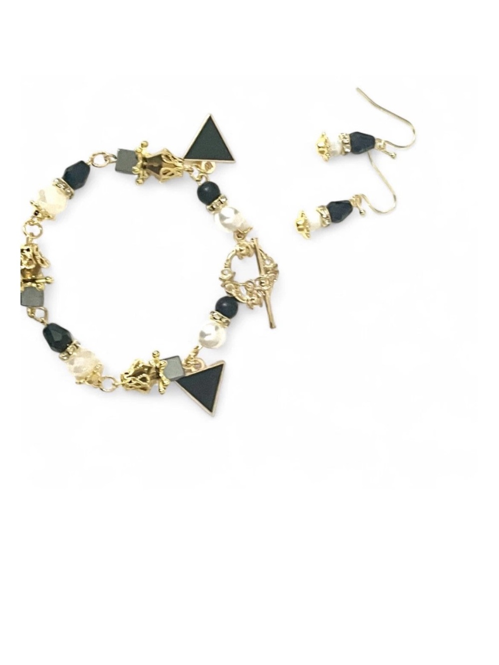 Black & Gold Tone Pearl Bead Geometric Triangle Charm Bracelet Earring Set Set